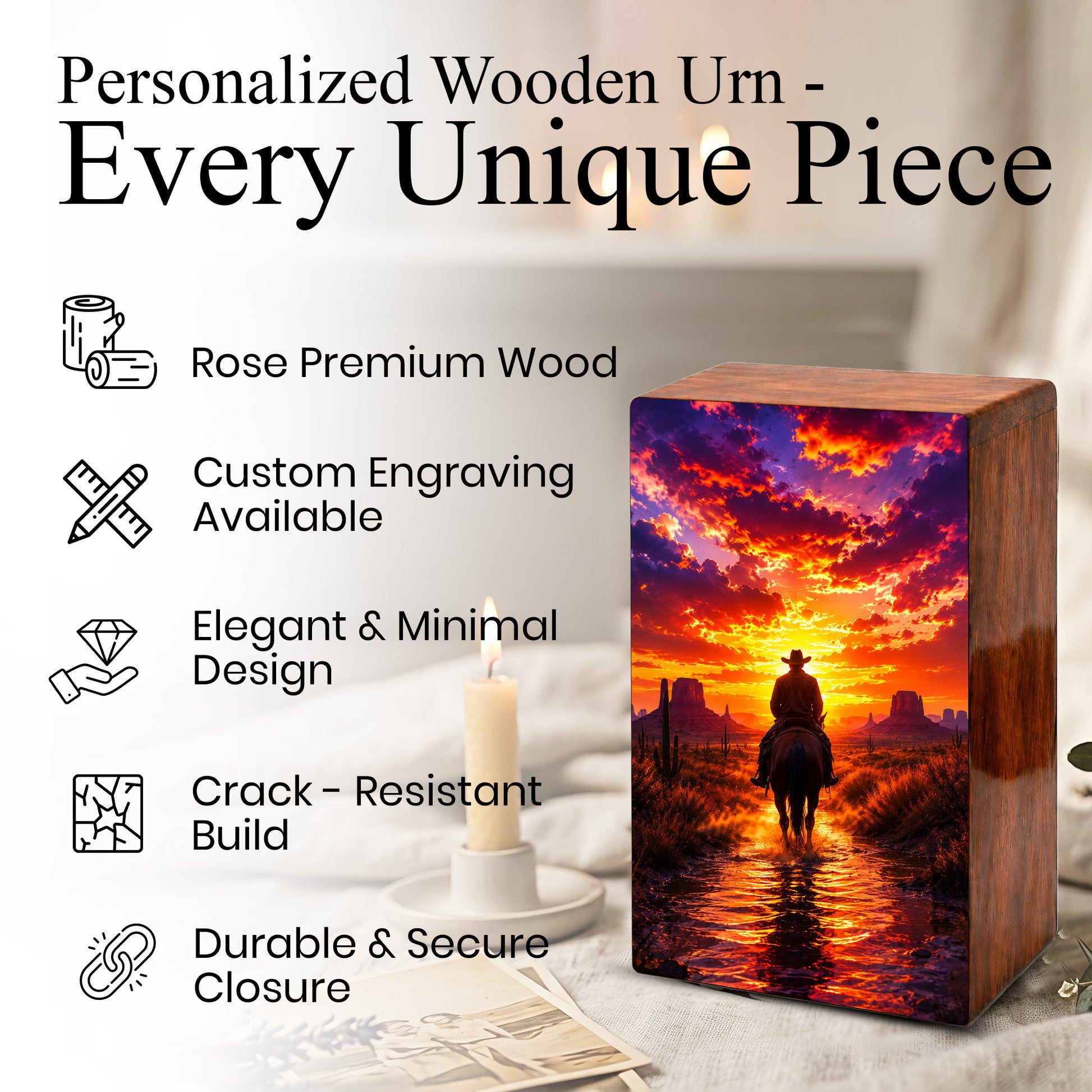 Cowboy Urn For Human Ashes Male Large - Western Cowboys Wooden Memorial Urns