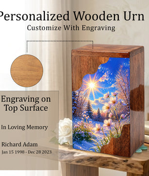 Winter Wildflower Wooden Cremation Urn – Sunlit Snow Memorial Urn with Floral Meadow