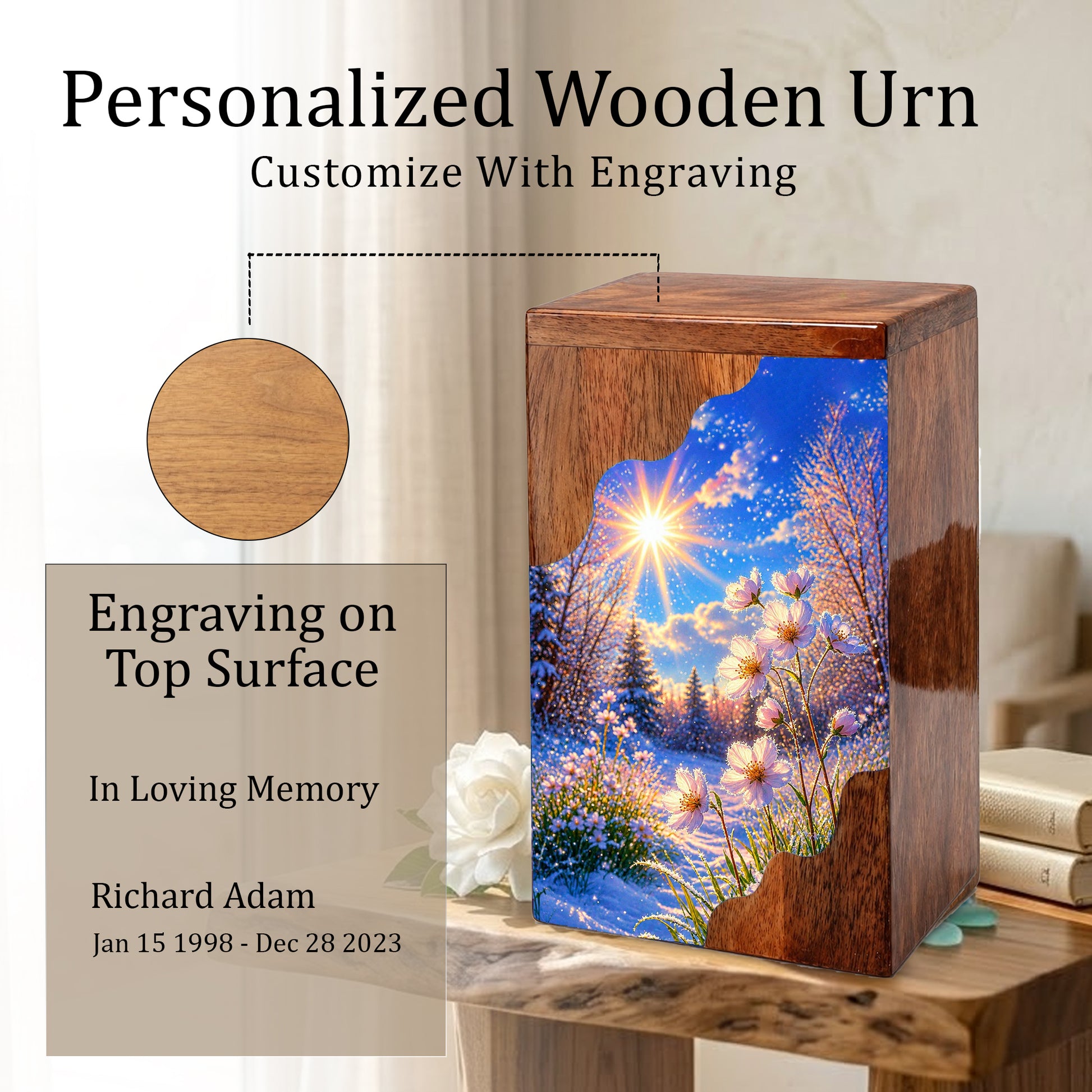 Winter Wildflower Wooden Cremation Urn – Sunlit Snow Memorial Urn with Floral Meadow