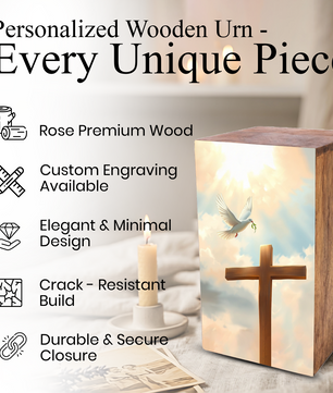 Dove Cross Urn For Ashes - Religious Wooden Cremation Urn Box