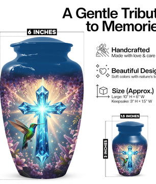 Christian Cross Hummingbird Urn for Mom – Custom Memorial Cremation Urns for Ashes | Floral Faith Funeral Keepsake for Women