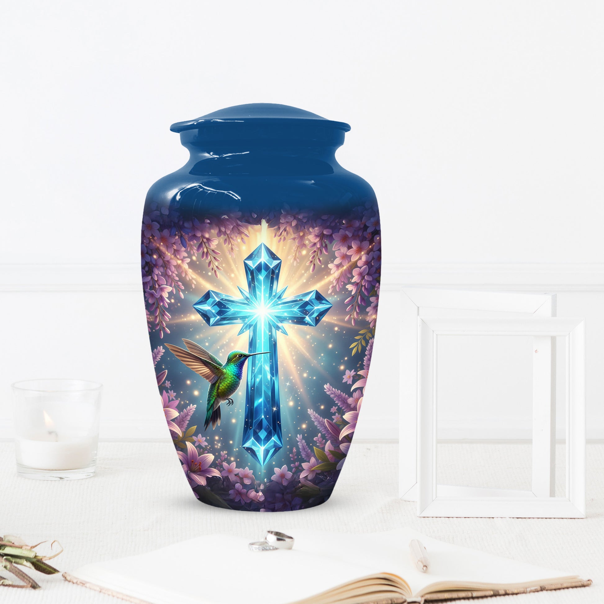 Christian Cross Hummingbird Urn for Mom – Custom Memorial Cremation Urns for Ashes | Floral Faith Funeral Keepsake for Women