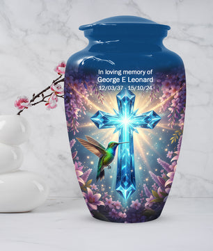 Christian Cross Hummingbird Urn for Mom – Custom Memorial Cremation Urns for Ashes | Floral Faith Funeral Keepsake for Women