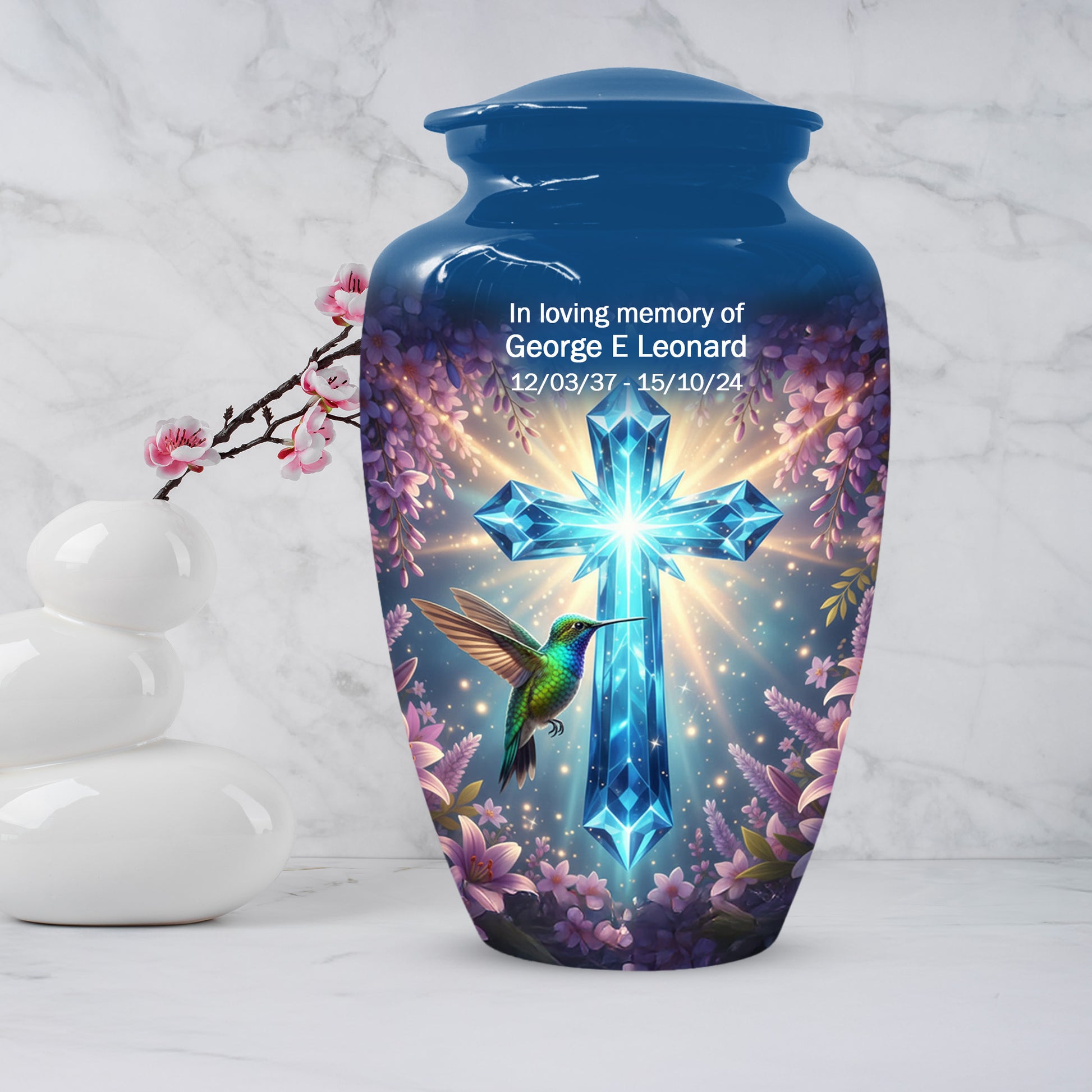 Christian Cross Hummingbird Urn for Mom – Custom Memorial Cremation Urns for Ashes | Floral Faith Funeral Keepsake for Women