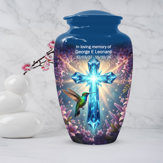Christian Cross Hummingbird Urn for Mom – Custom Memorial Cremation Urns for Ashes | Floral Faith Funeral Keepsake for Women