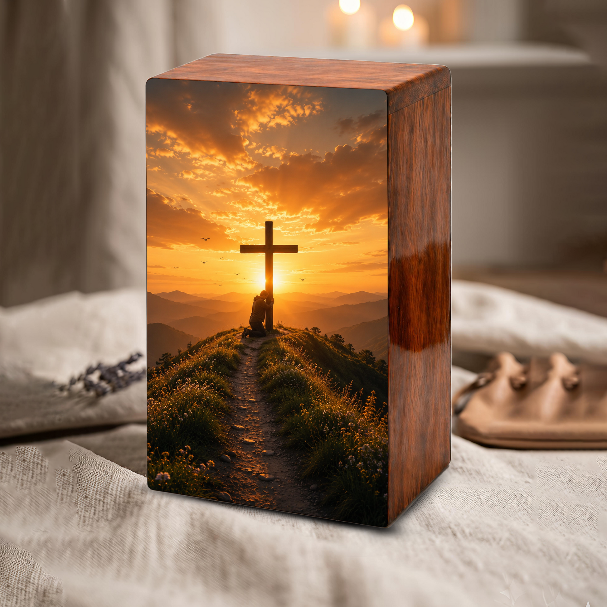 Religious Cross Large Urn Ashes Male - Wooden Celtic Cross Mini keepsake For Dad
