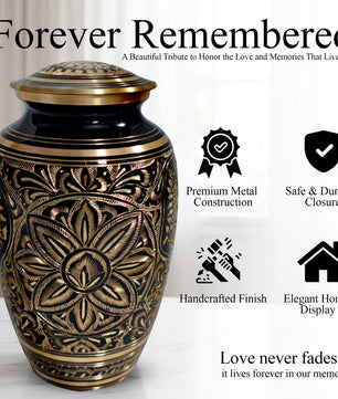 Flower Ground Burial Urns For Ashes - Hand Engraved Floral Brass Urn For Cremation
