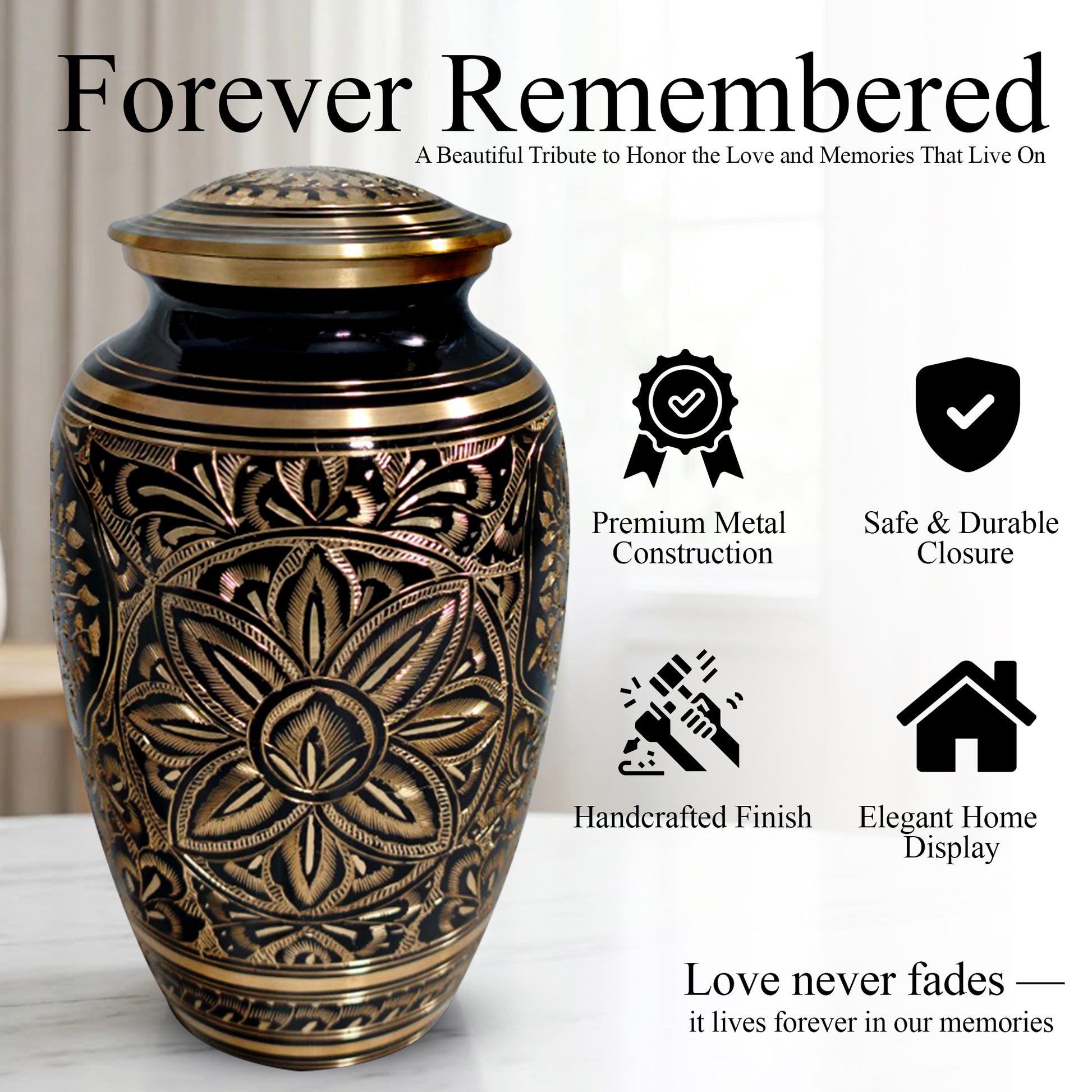 Flower Ground Burial Urns For Ashes - Hand Engraved Floral Brass Urn For Cremation