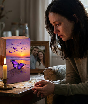 Purple Butterfly Urn For Ashes - Ocean Sunset Beach Keepsake Urns with Butterflies