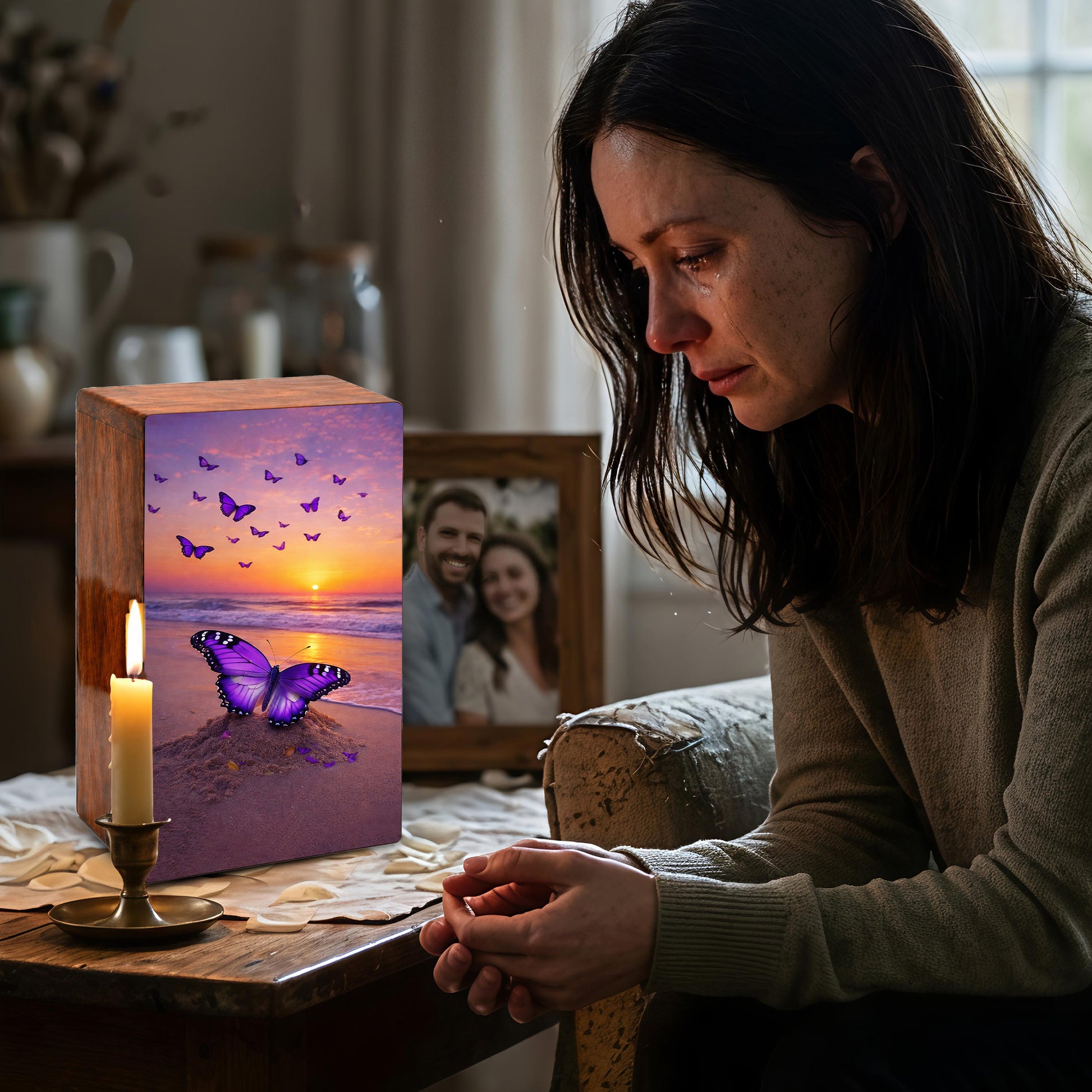 Purple Butterfly Urn For Ashes - Ocean Sunset Beach Keepsake Urns with Butterflies