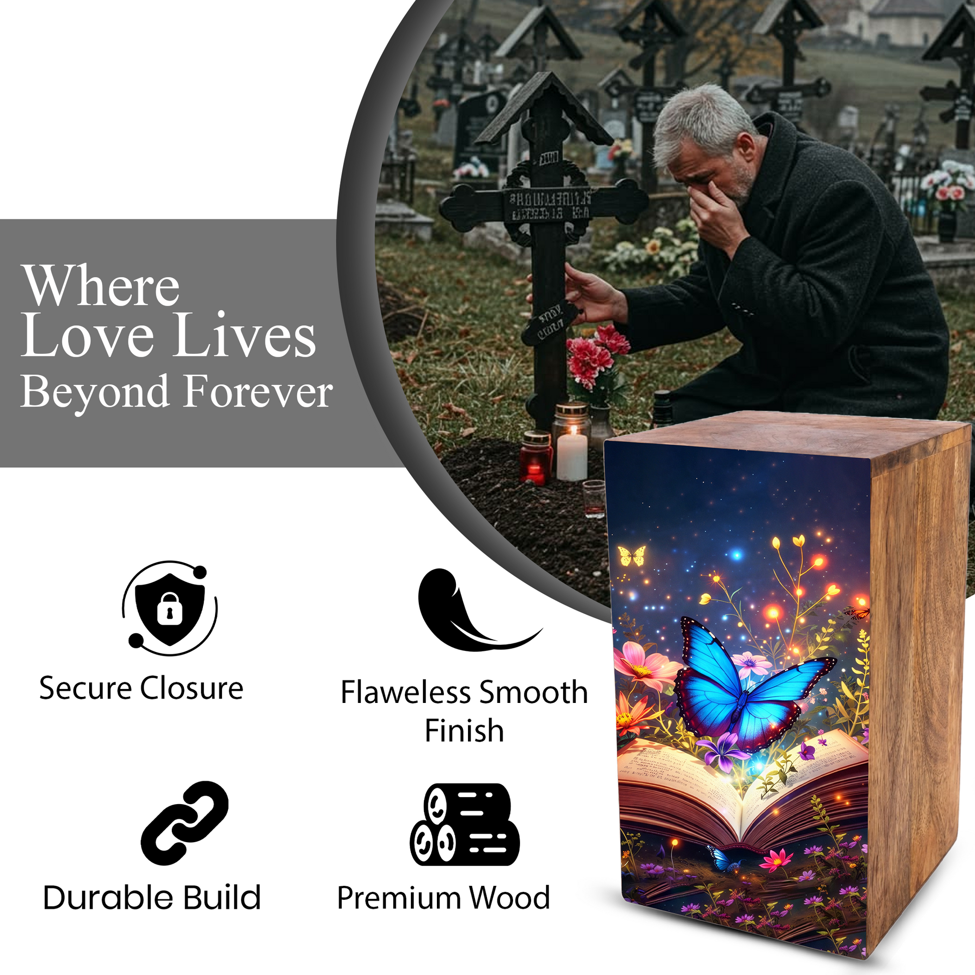 Blue Butterfly Urn For Ashes - Wooden Cremation Urns with Butterflies