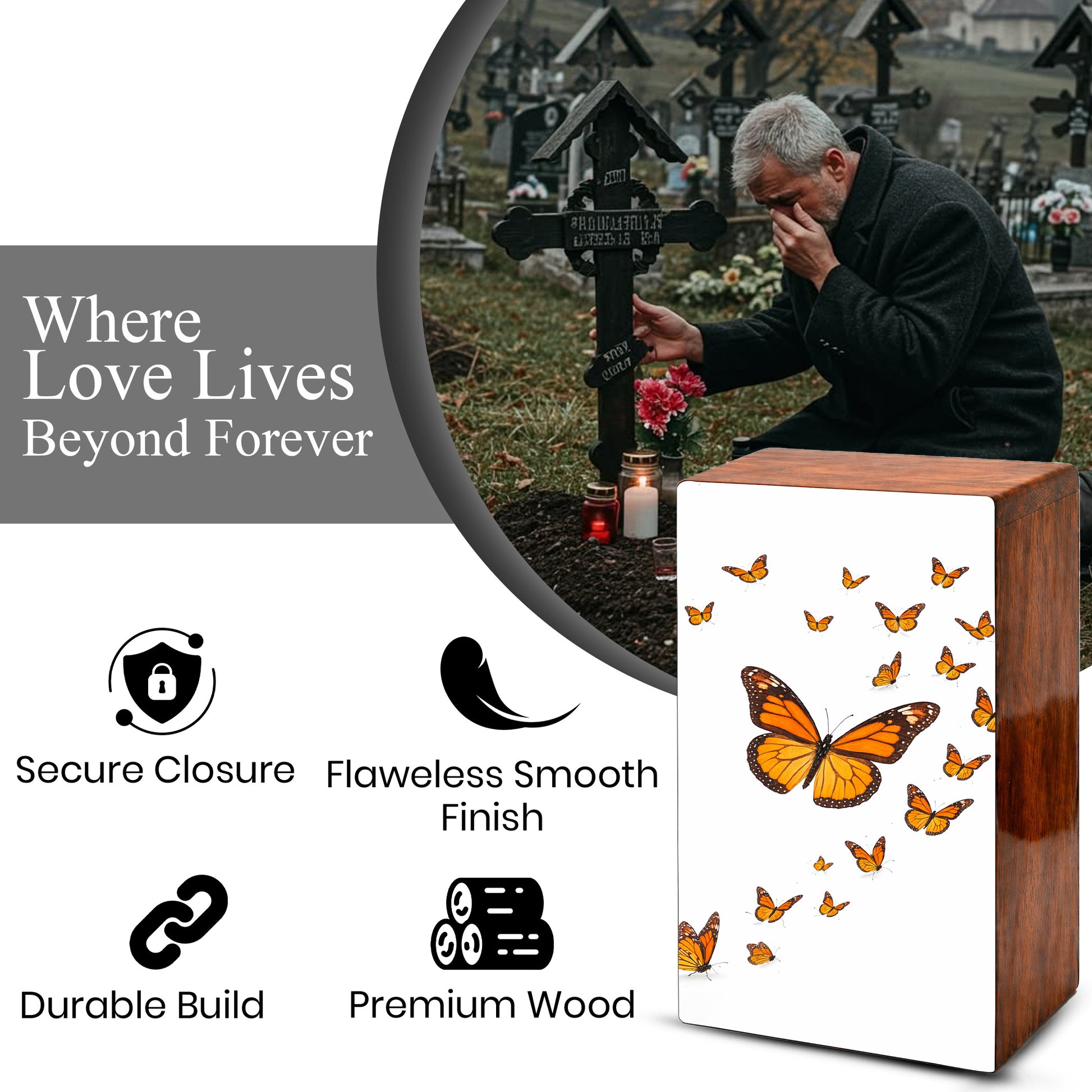 Monarch Butterfly Urn For Human Ashes - Personalized Wooden Keepsake with Butterflies