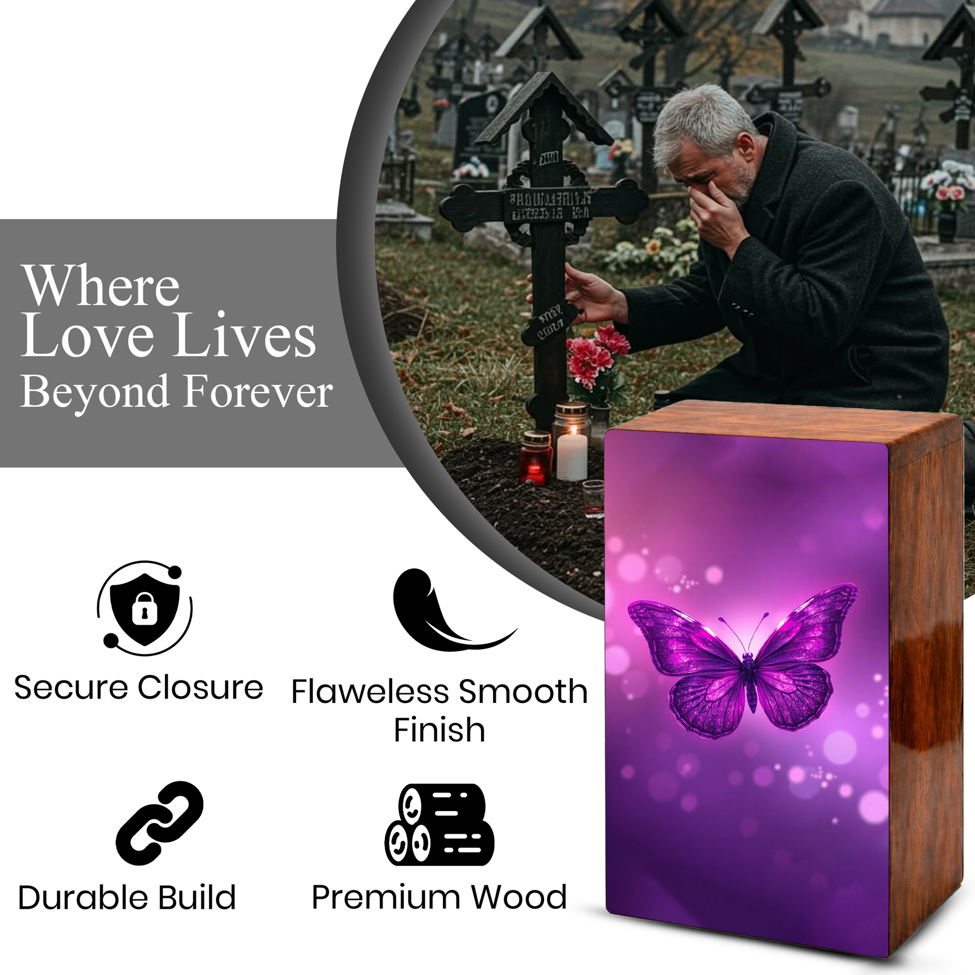 Purple Butterfly Urn For Female - Pink Butterfly Keepsake Urns Wooden Box