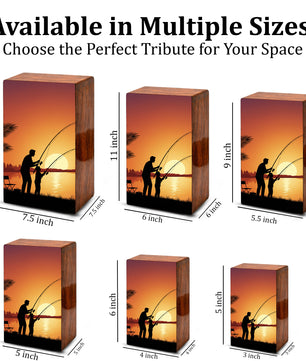 Father Son Fishing Wooden Cremation Urn - Sunset Memorial Urn for Dad
