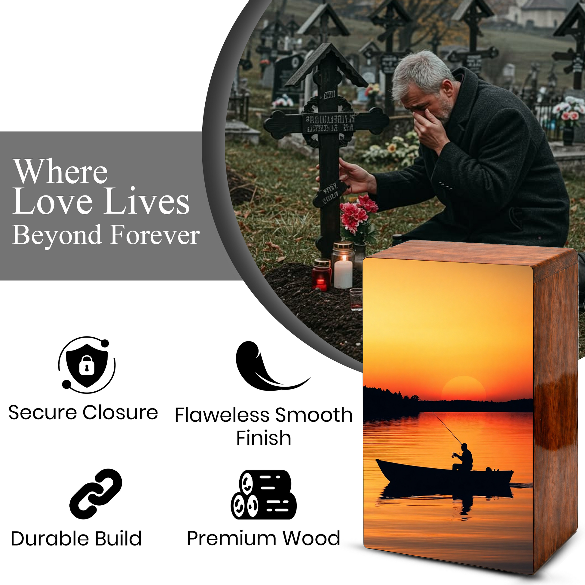 Sunset Fishing Urns For Ashes Male - Fisherman Wooden Box Urn For Dad