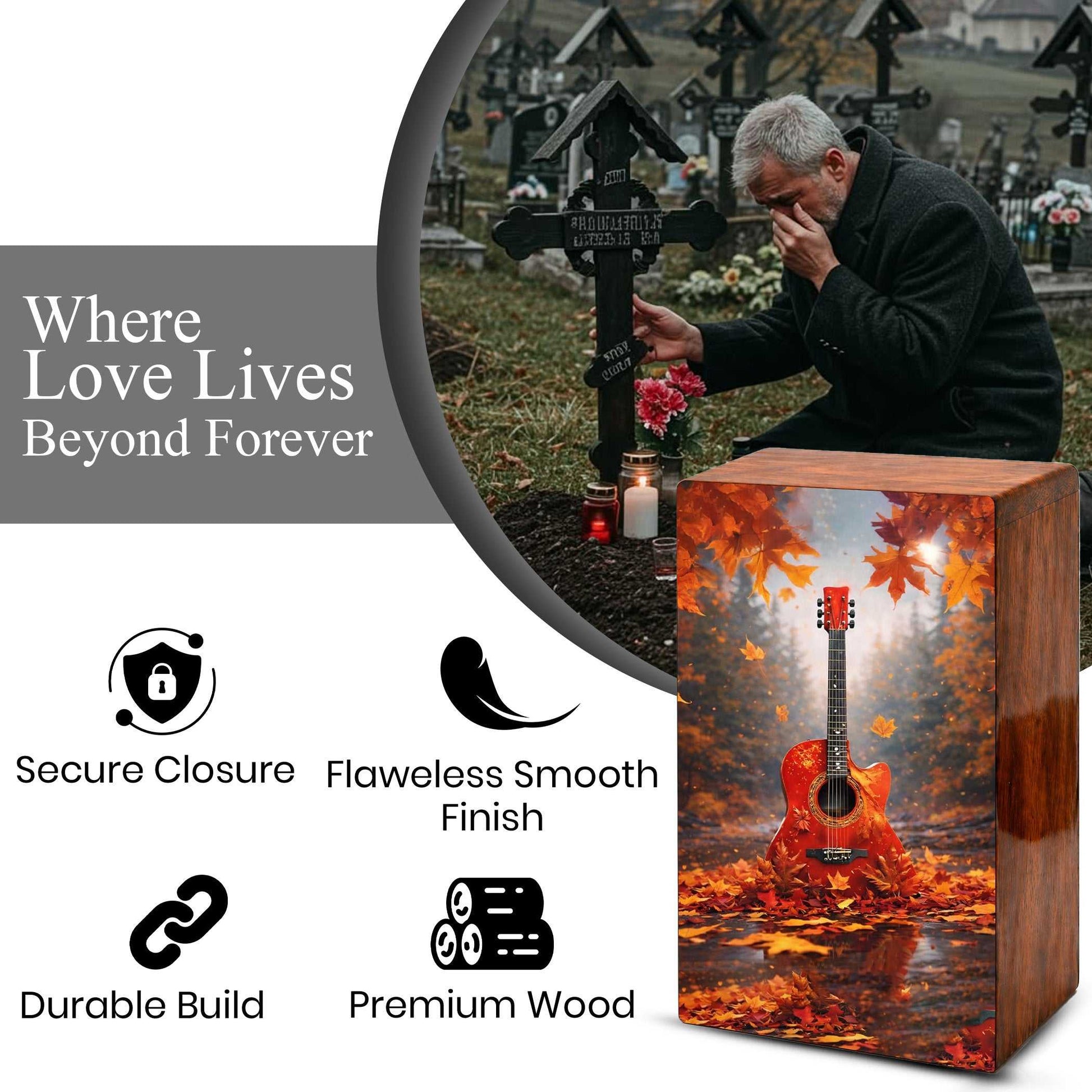 Fantasy Guitar Wooden Urn for Ashes - Music Memorial Cremation Urn Box