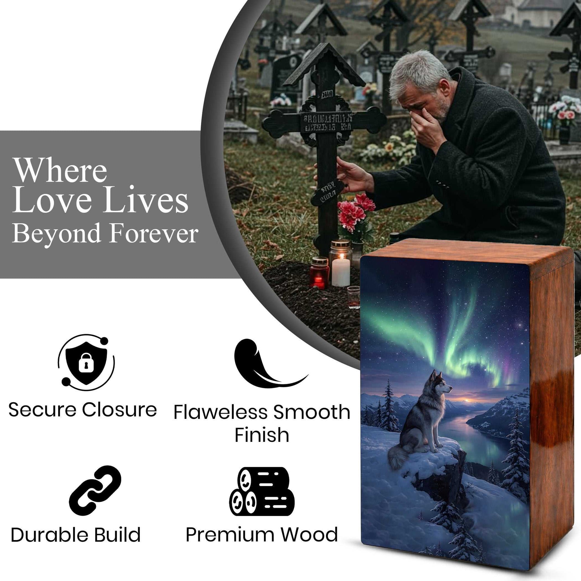 Husky Dog Aurora Borealis Pet Urn for Ashes - Northern Lights Wooden Urn