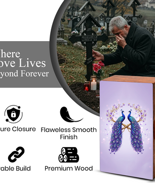 Peacock Companion Urn For Human Ashes - Wooden Peacock Couple Keepsake Box