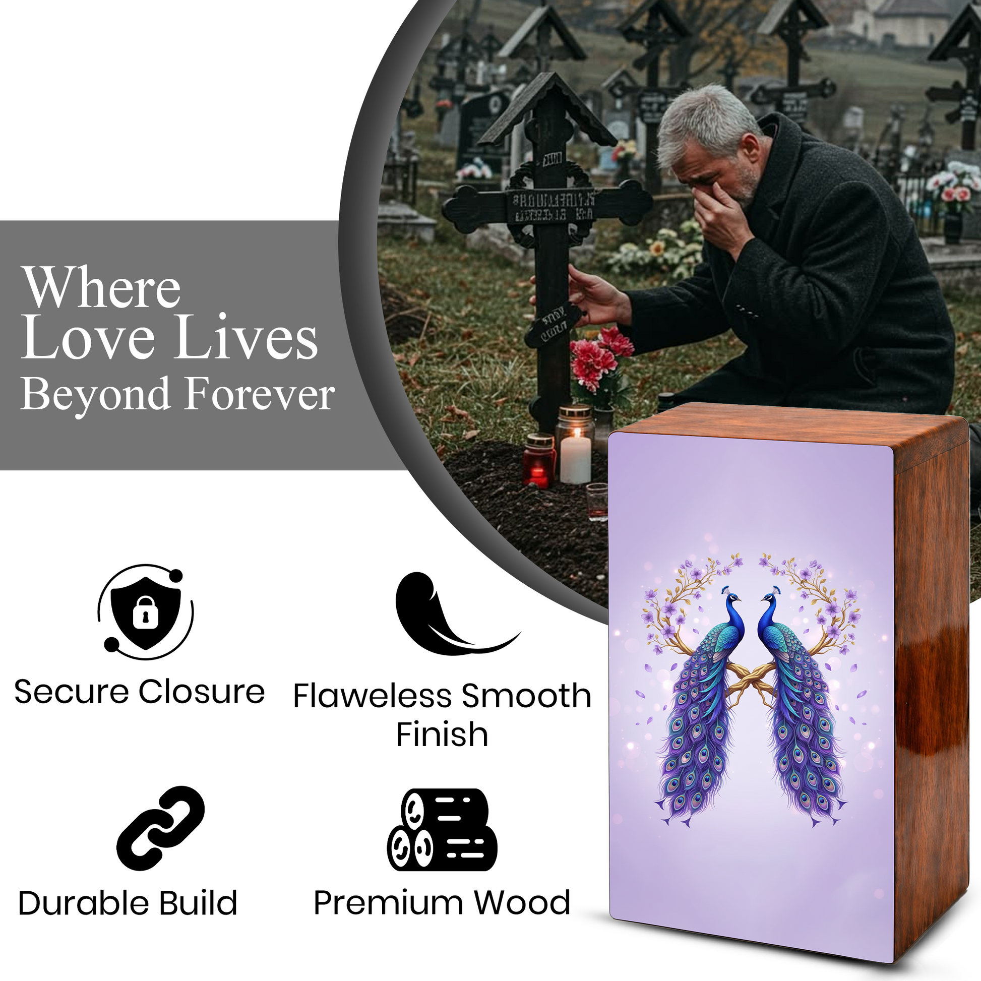 Peacock Companion Urn For Human Ashes - Wooden Peacock Couple Keepsake Box