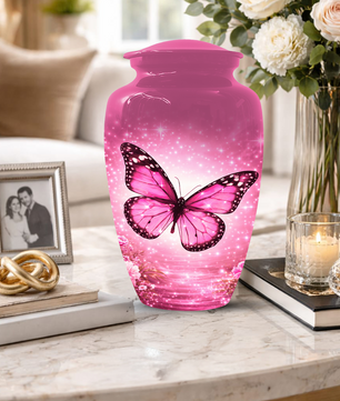 Pink Butterfly Adult Urn for Ashes, Personalized Cremation Urn for Mom