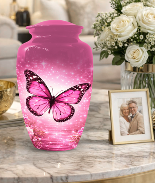 Pink Butterfly Adult Urn for Ashes, Personalized Cremation Urn for Mom