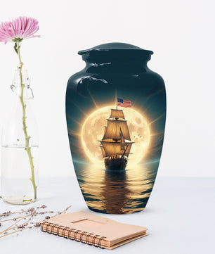 American Flag Sailing Ship Urn for Dad – Personalized Nautical Cremation Urns for Father