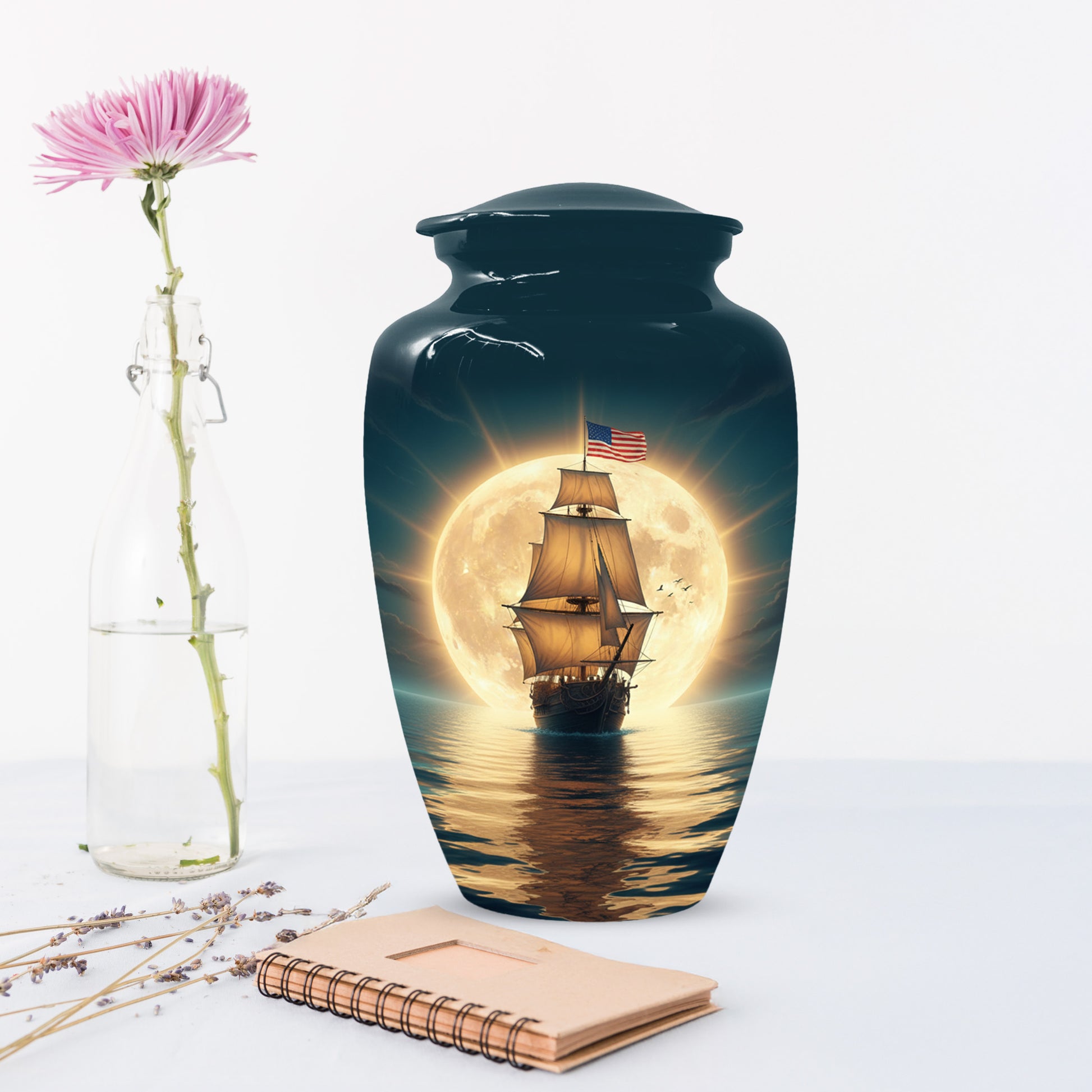 American Flag Sailing Ship Urn for Dad – Personalized Nautical Cremation Urns for Father