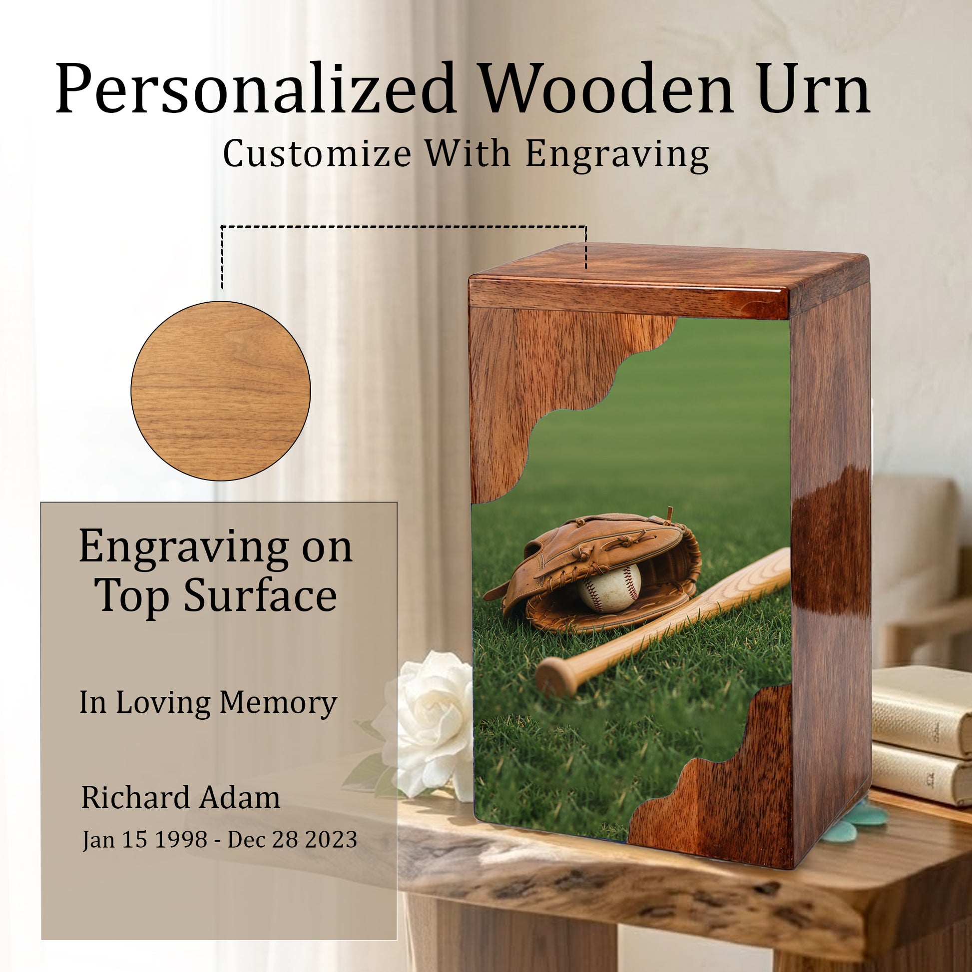 Baseball Legacy Wooden Cremation Urn – Baseball Memorial Wooden Urn for Human Ashes