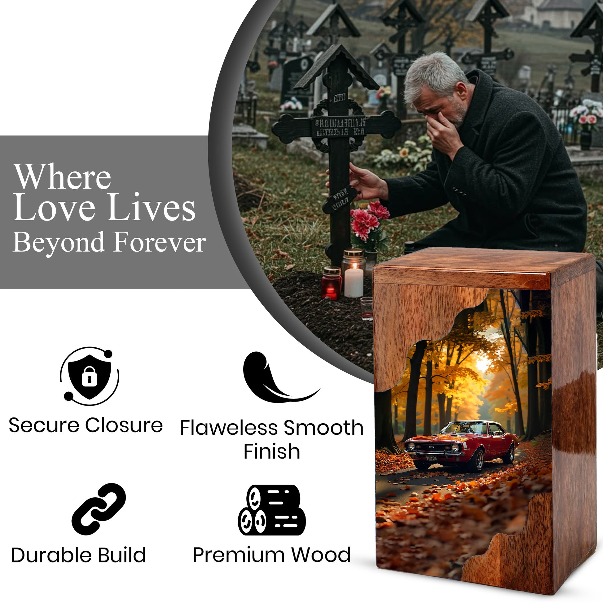 Wooden Cremation Urn – Classic Car Memorial Design | Custom Wooden Urn for Human Ashes