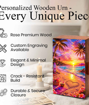 Ocean Heart Cremation Urn – Beach Wooden Urn Box for Male and Female