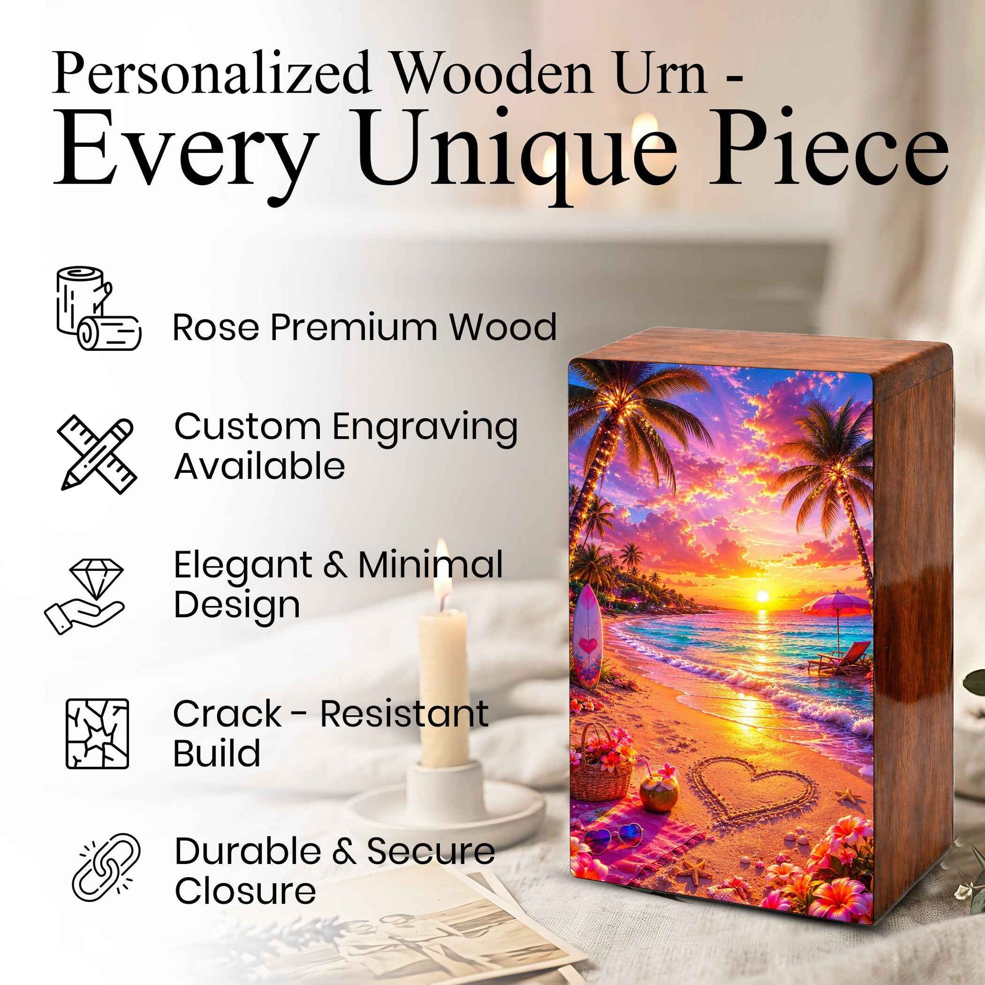Ocean Heart Cremation Urn – Beach Wooden Urn Box for Male and Female