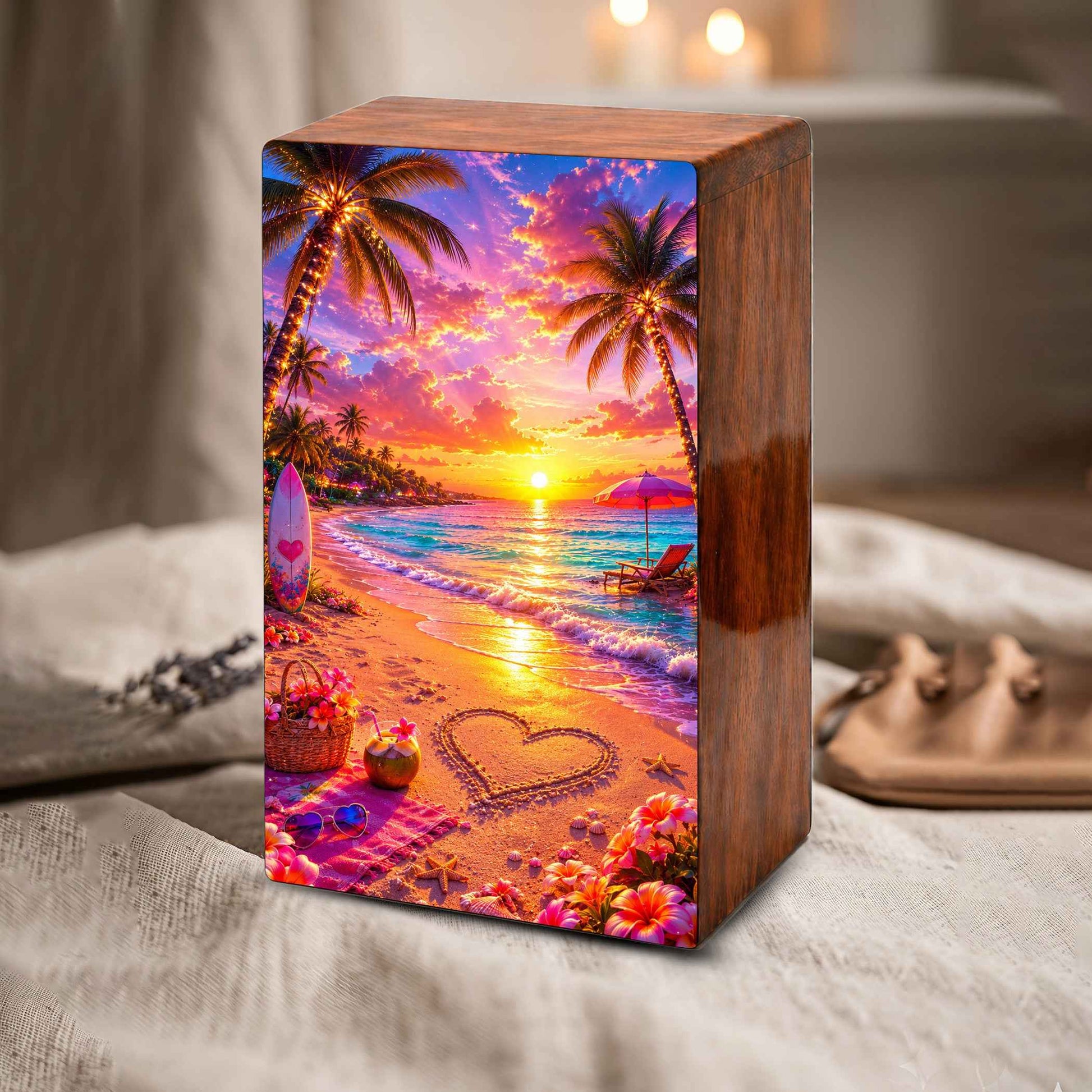 Ocean Heart Cremation Urn – Beach Wooden Urn Box for Male and Female