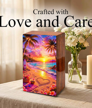 Ocean Heart Cremation Urn – Beach Wooden Urn Box for Male and Female