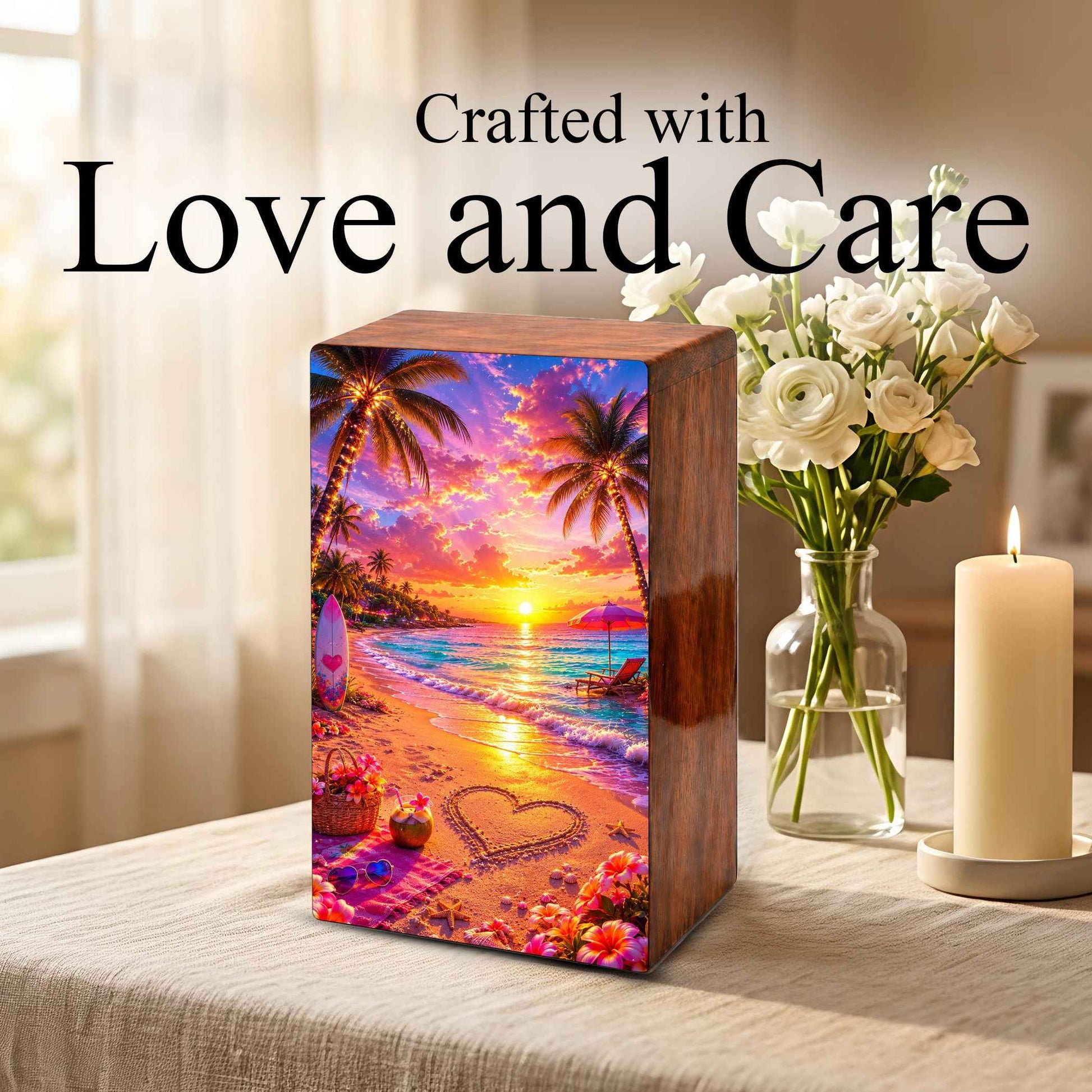 Ocean Heart Cremation Urn – Beach Wooden Urn Box for Male and Female