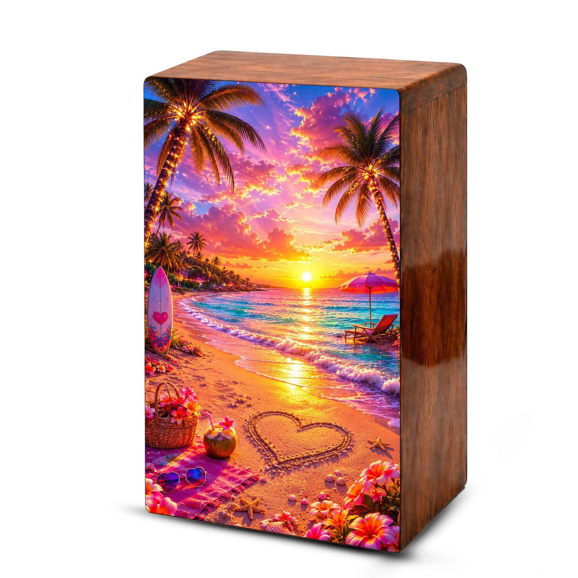 Ocean Heart Cremation Urn – Beach Wooden Urn Box for Male and Female