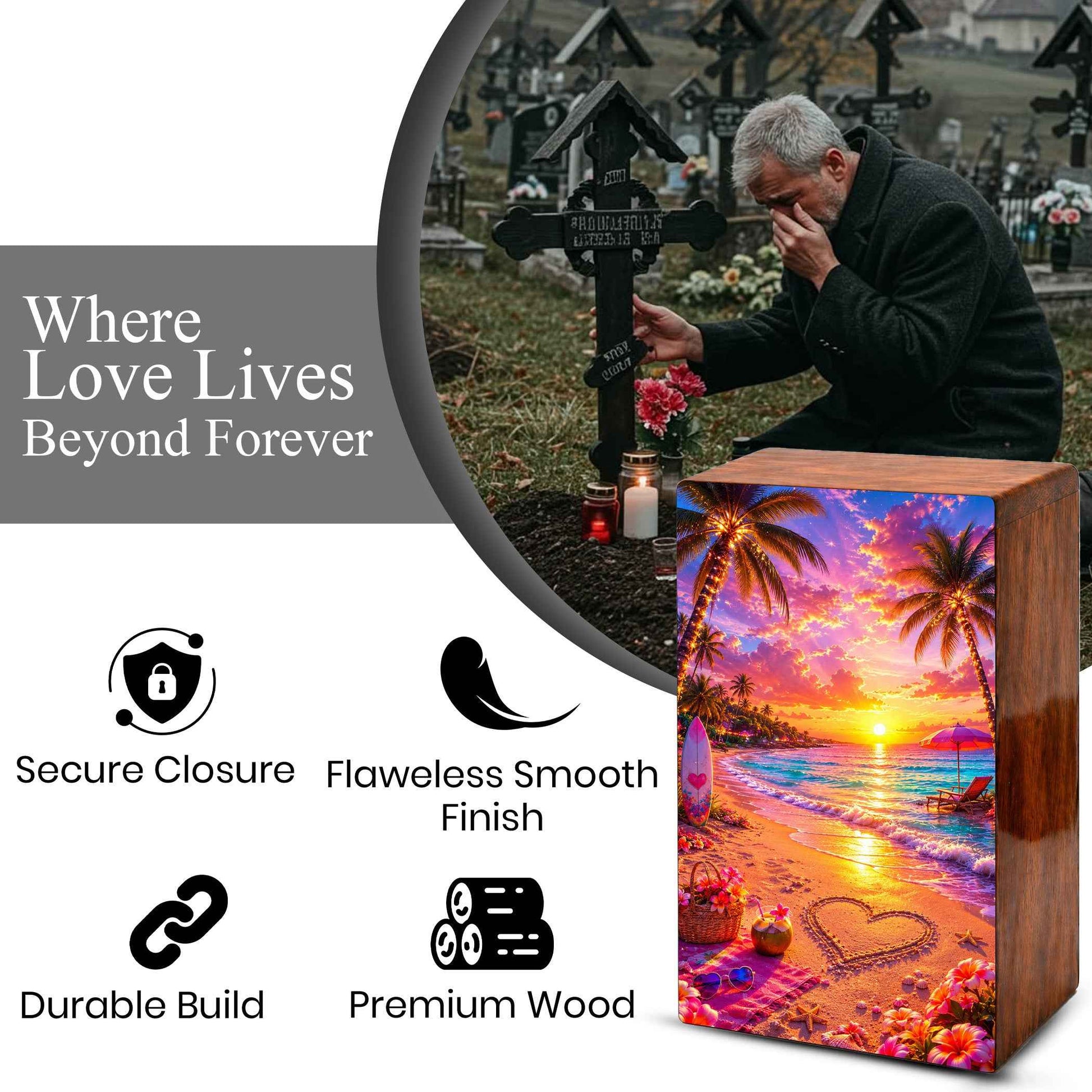 Ocean Heart Cremation Urn – Beach Wooden Urn Box for Male and Female