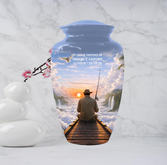 Gone Fishing in Heaven Urn For Male - Personalized Fisherman Small Urns For Dad