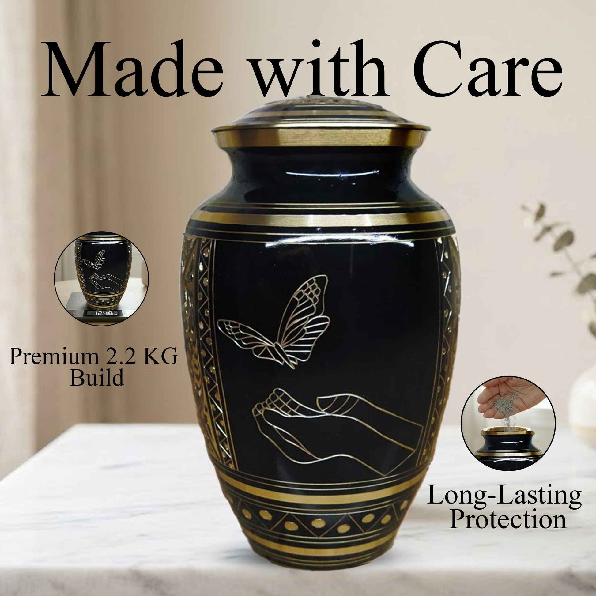 Butterfly Urn For Ashes - Black and Gold Commemorative Brass Burial Urns (10", 200CU)
