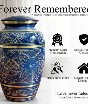 Blue Cremation Urn For Human Ashes - Brass Burial Large Urns (10", 200CU)