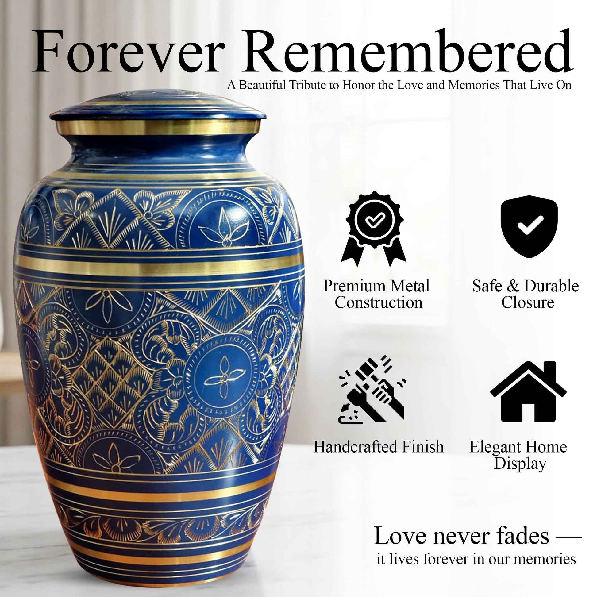 Blue Cremation Urn For Human Ashes - Brass Burial Large Urns (10", 200CU)