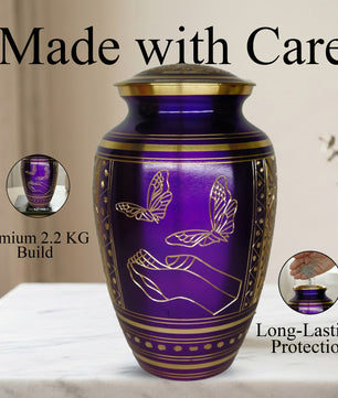 Purple Butterfly Engraved Urn For Ashes - Commemorative Brass Burial Urns (10", 200CU)