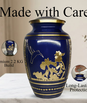 Hummingbird Brass Urn For Ashes - Blue Humming Bird Burial Urns (10", 200CU)