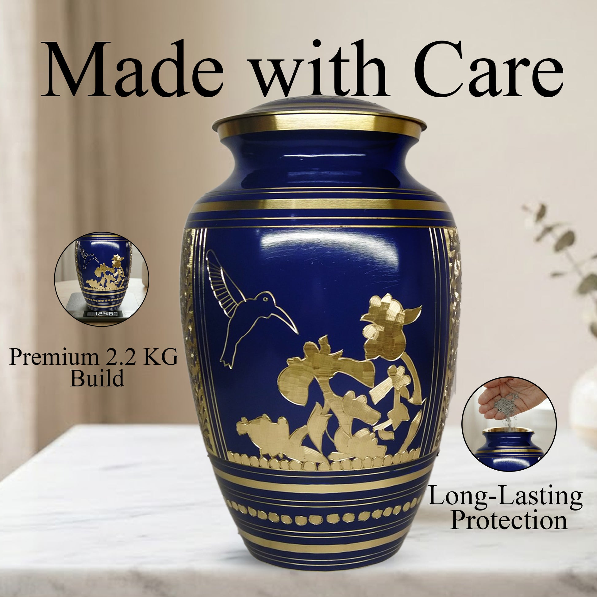 Hummingbird Brass Urn For Ashes - Blue Humming Bird Burial Urns (10", 200CU)