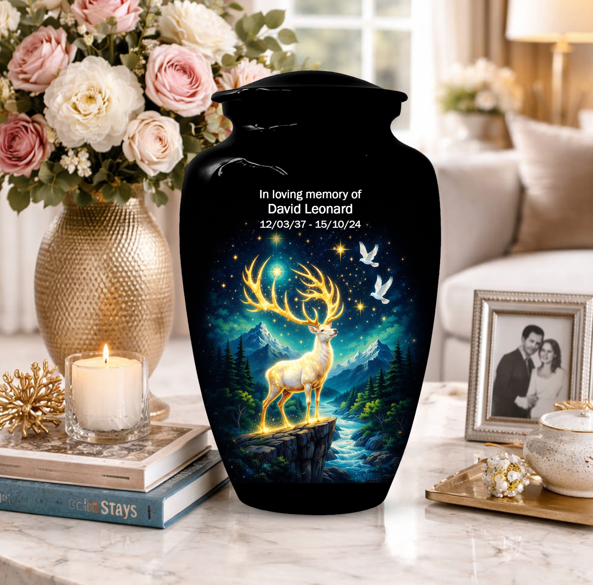 Personalized White Stag Memorial Urn for Ashes, Deer Cremation Urn, Custom Adult Funeral Urn