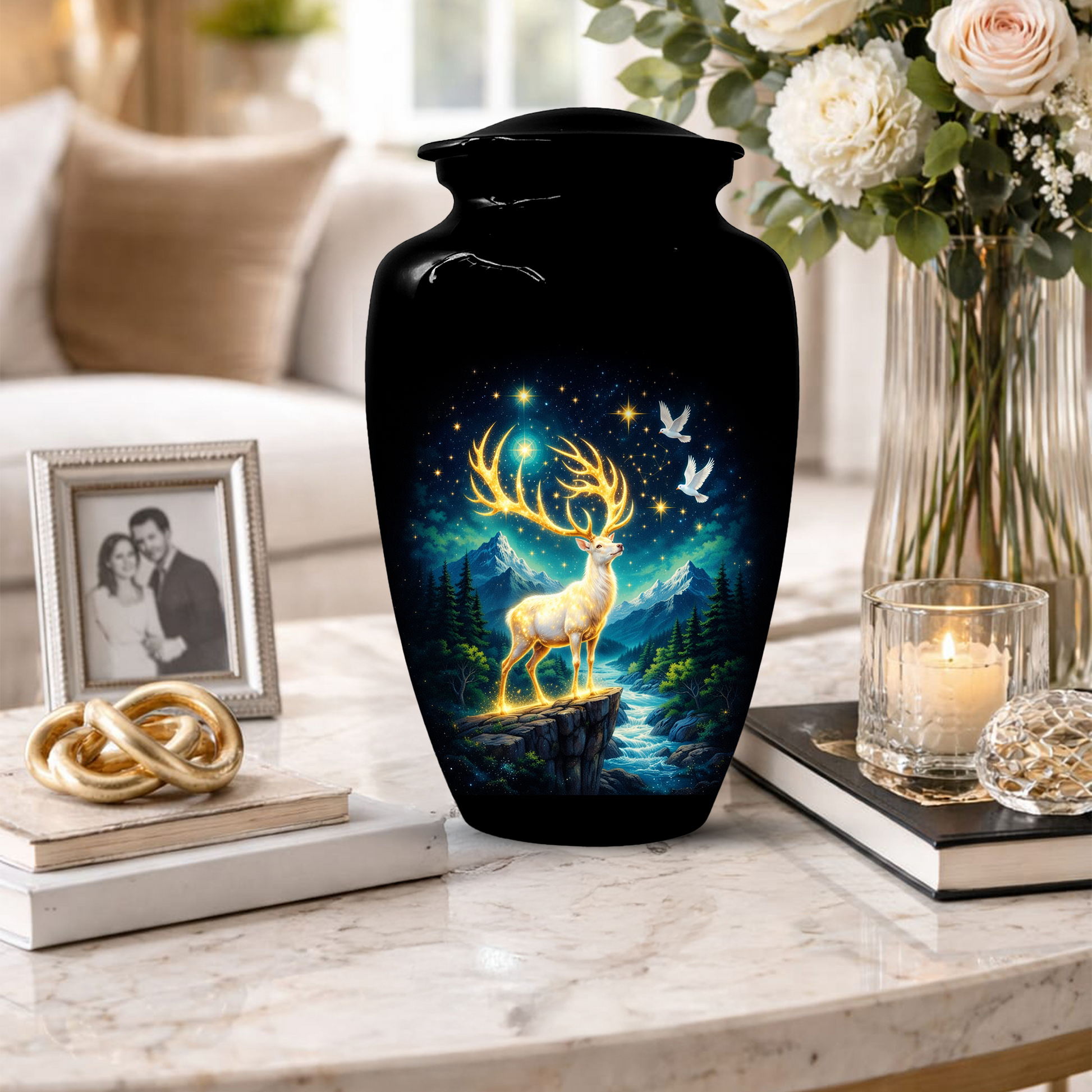 Personalized White Stag Memorial Urn for Ashes, Deer Cremation Urn, Custom Adult Funeral Urn