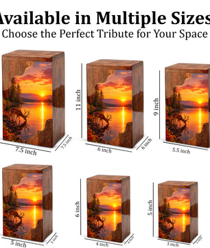 Personalized Deer Lake Wooden Cremation Urn – Peaceful Sunset Wildlife Memorial Urn | Wooden Urn for Human Ashes