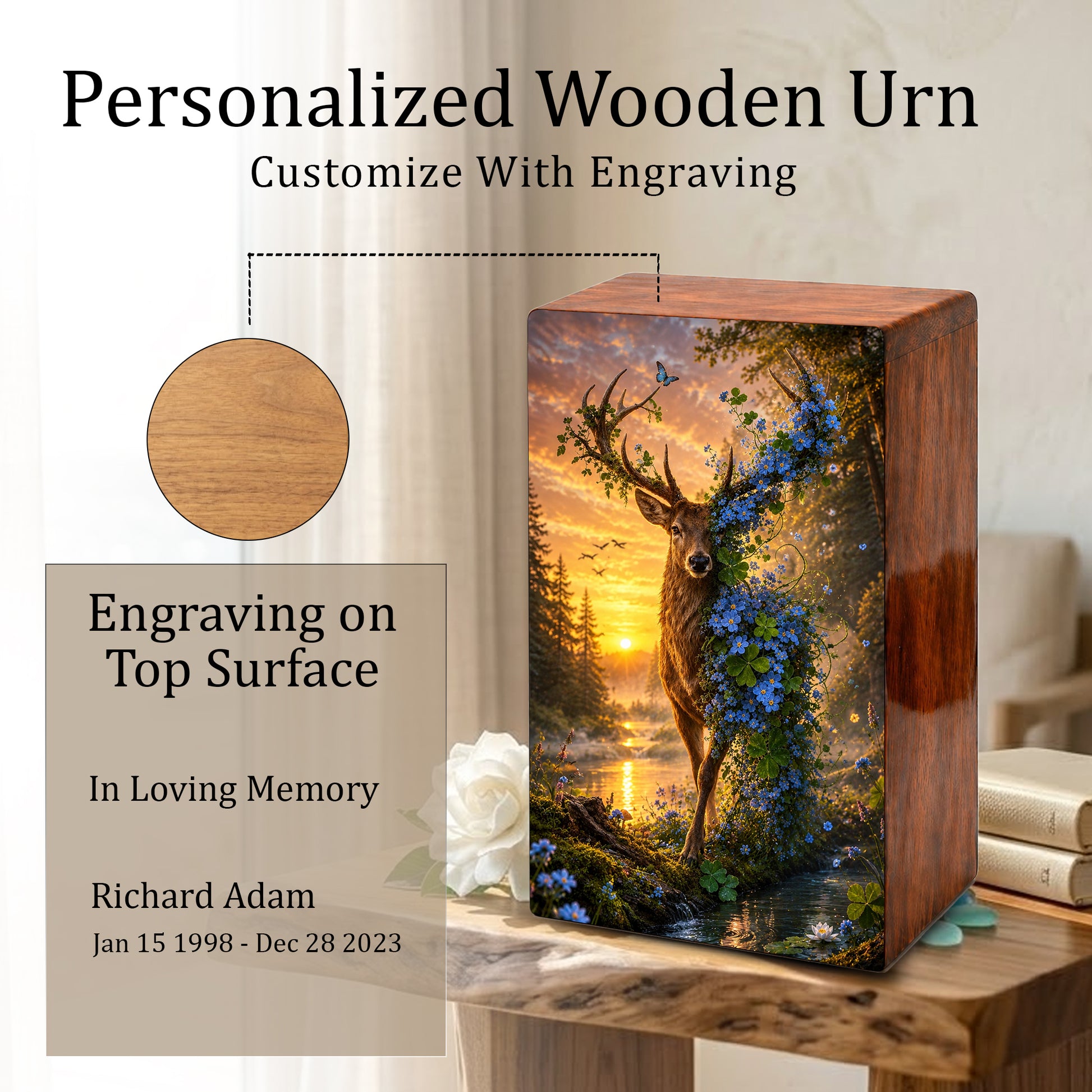 Deer Cremation Urn For Human Ashes - Floral Elk Memorial Mini Keepsake for Remains