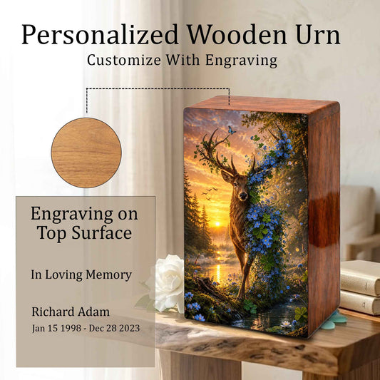 Deer Cremation Urn For Human Ashes - Floral Elk Memorial Mini Keepsake for Remains