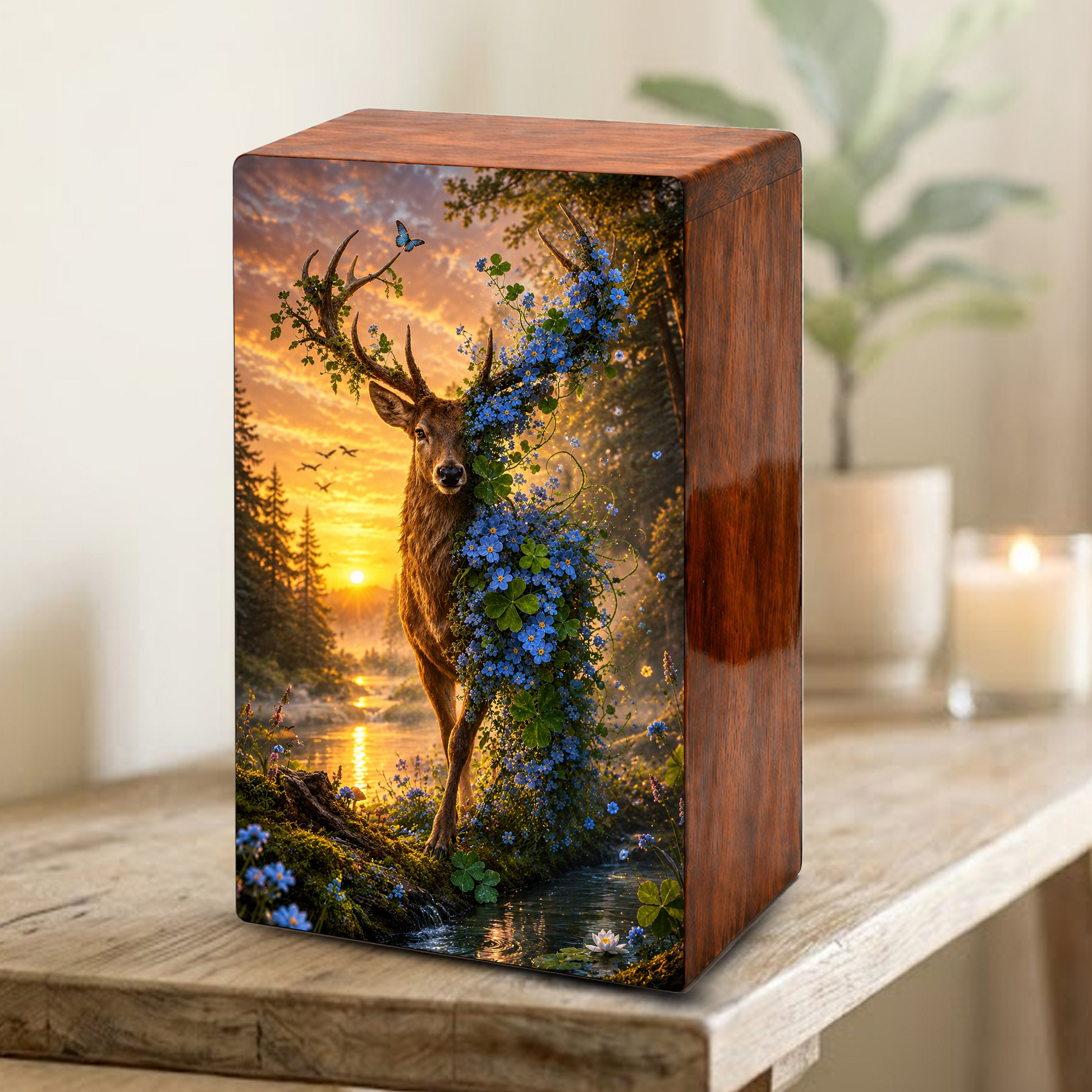 Deer Cremation Urn For Human Ashes - Floral Elk Memorial Mini Keepsake for Remains