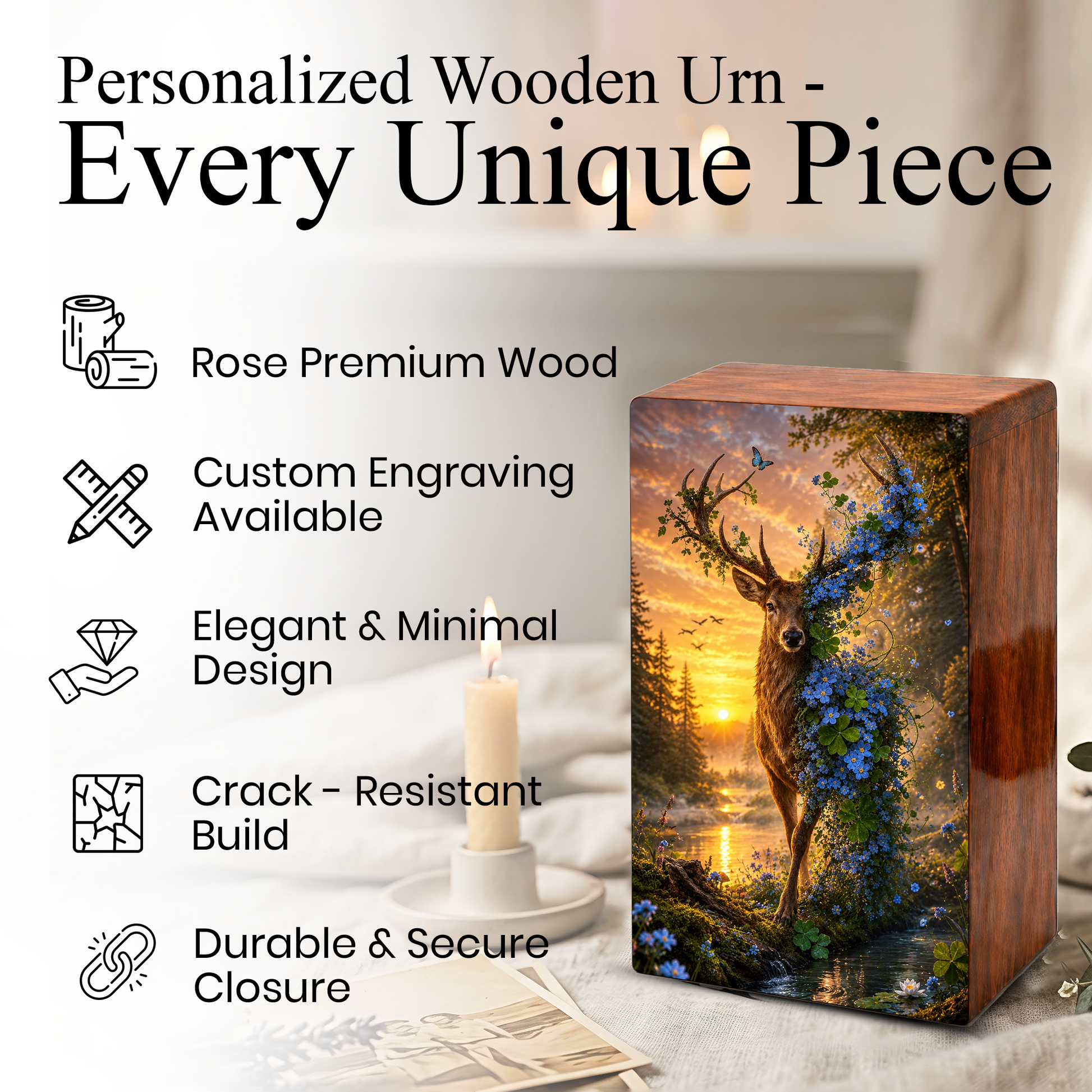 Deer Cremation Urn For Human Ashes - Floral Elk Memorial Mini Keepsake for Remains